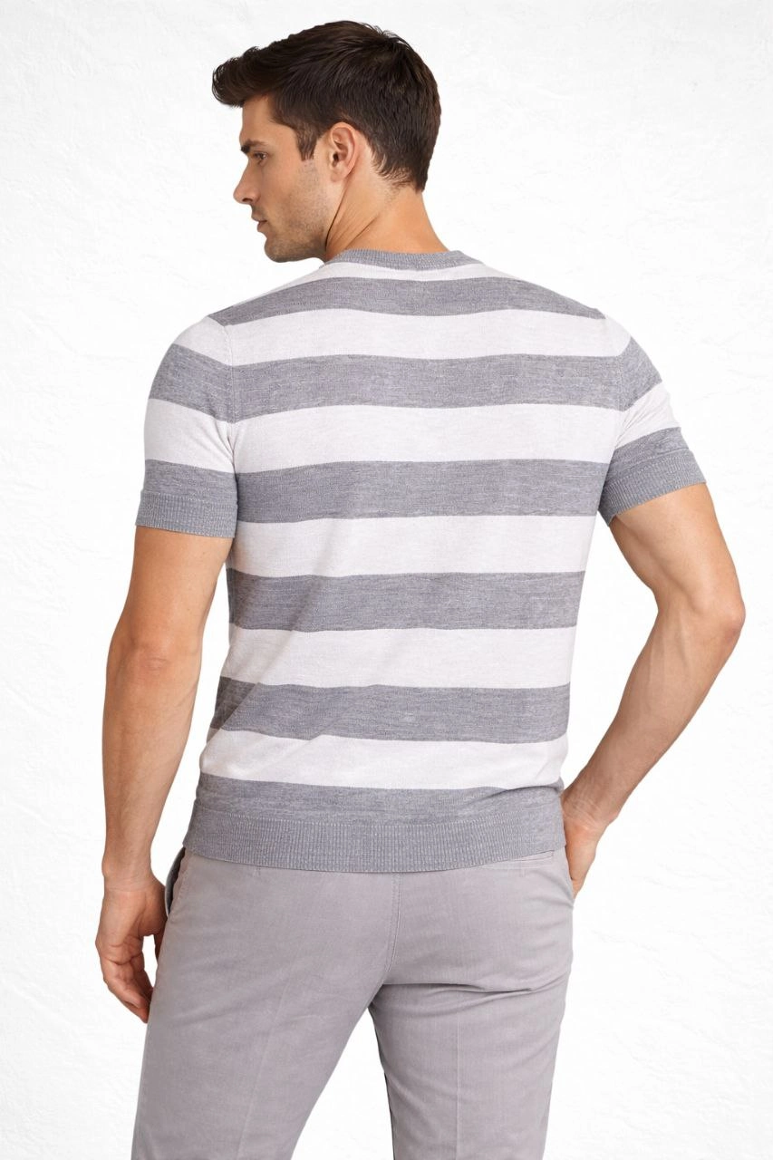 Erkek T-shirt Çizgili Triko Dokuma Bisiklet Yaka Tişört - Gri
