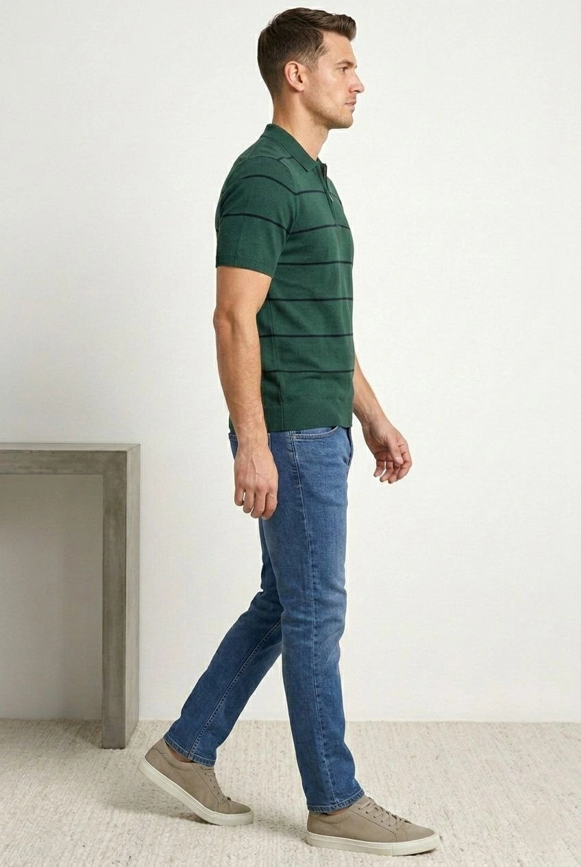 Erkek T-shirt Çizgili Triko Dokuma Kumaş Polo Yaka Fermuarlı Regular Kalıp Tişört - Çağla Yeşili