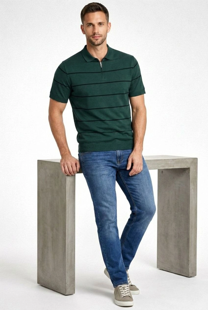 Erkek T-shirt Çizgili Triko Dokuma Kumaş Polo Yaka Fermuarlı Regular Kalıp Tişört - Çağla Yeşili