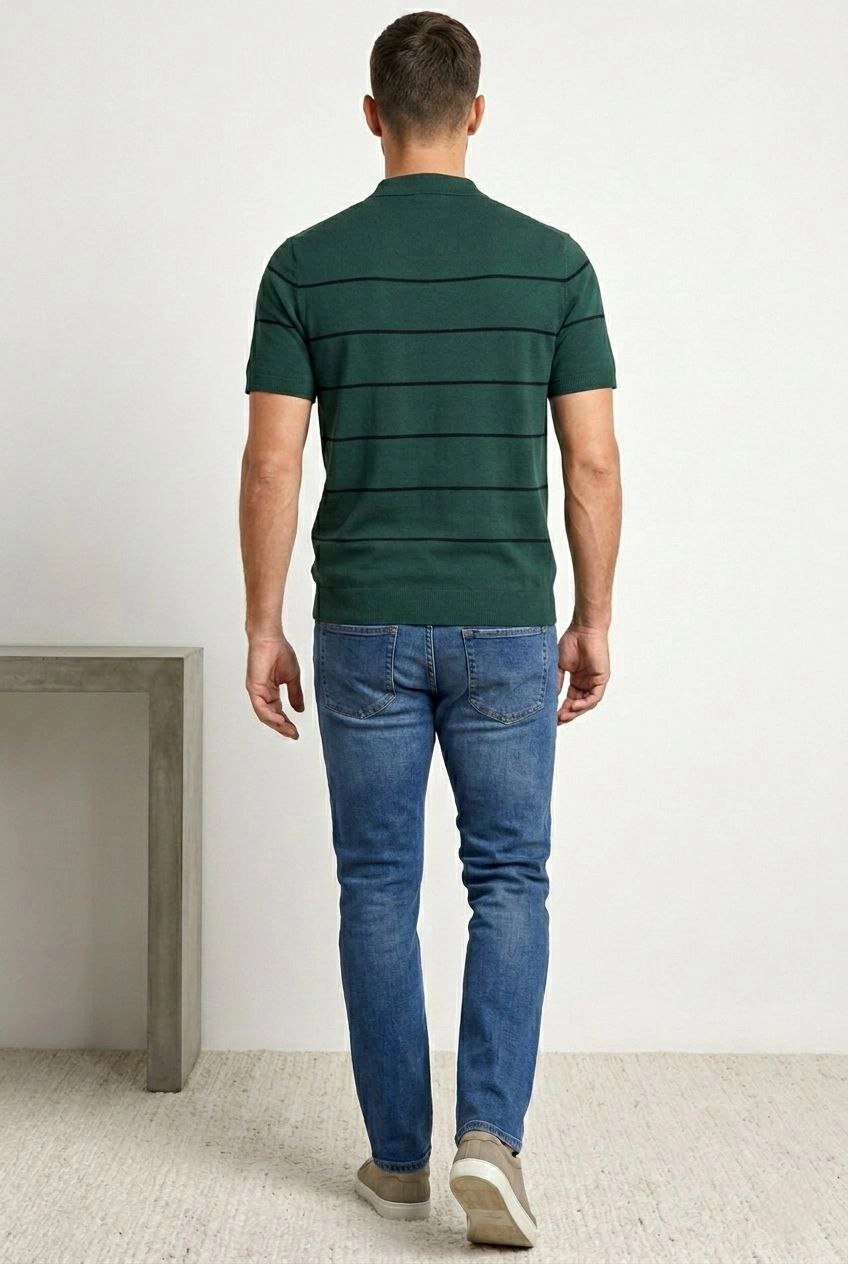 Erkek T-shirt Çizgili Triko Dokuma Kumaş Polo Yaka Fermuarlı Regular Kalıp Tişört - Çağla Yeşili
