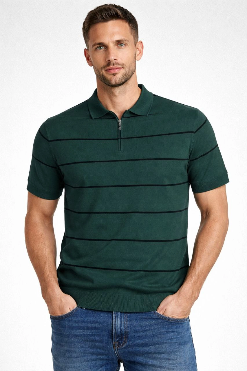 Erkek T-shirt Çizgili Triko Dokuma Kumaş Polo Yaka Fermuarlı Regular Kalıp Tişört - Çağla Yeşili