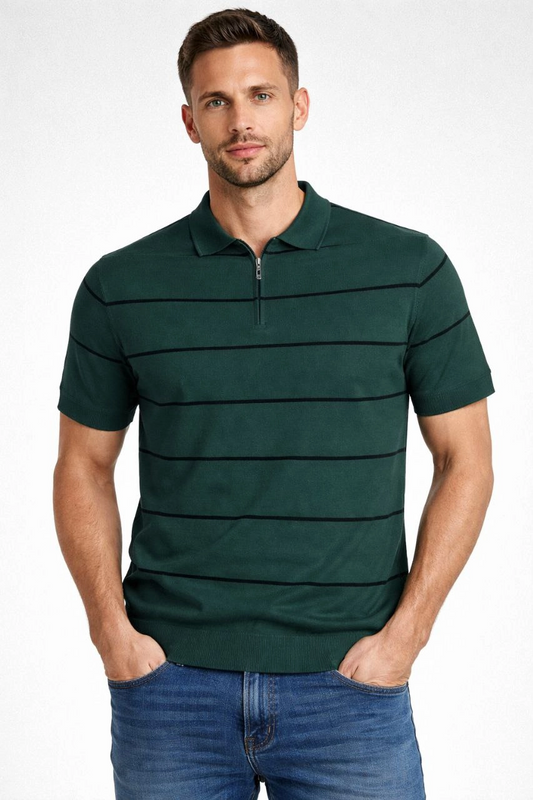 Erkek T-shirt Çizgili Triko Dokuma Kumaş Polo Yaka Fermuarlı Regular Kalıp Tişört - Çağla Yeşili