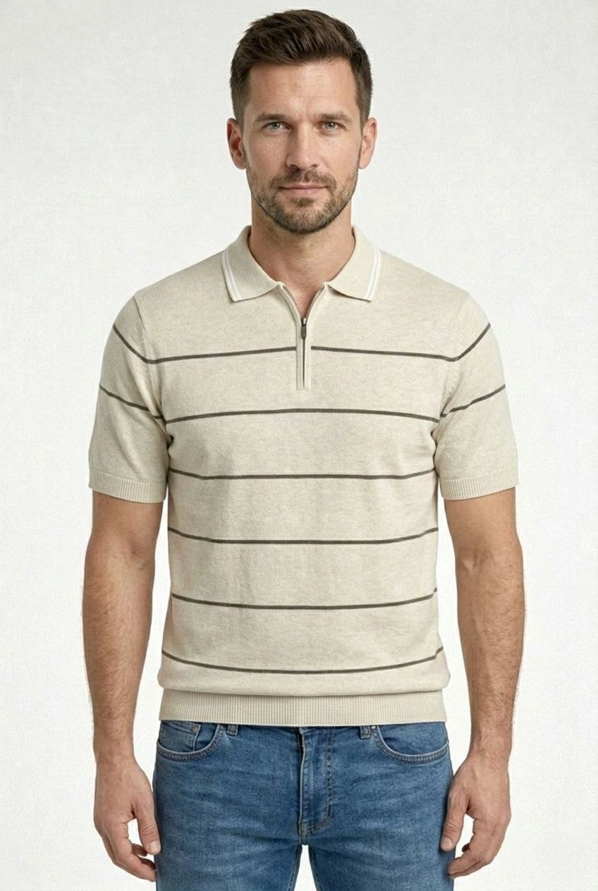 Erkek T-shirt Çizgili Triko Dokuma Kumaş Polo Yaka Yarım Fermuarlı Regular Kalıp Tişört - Bej