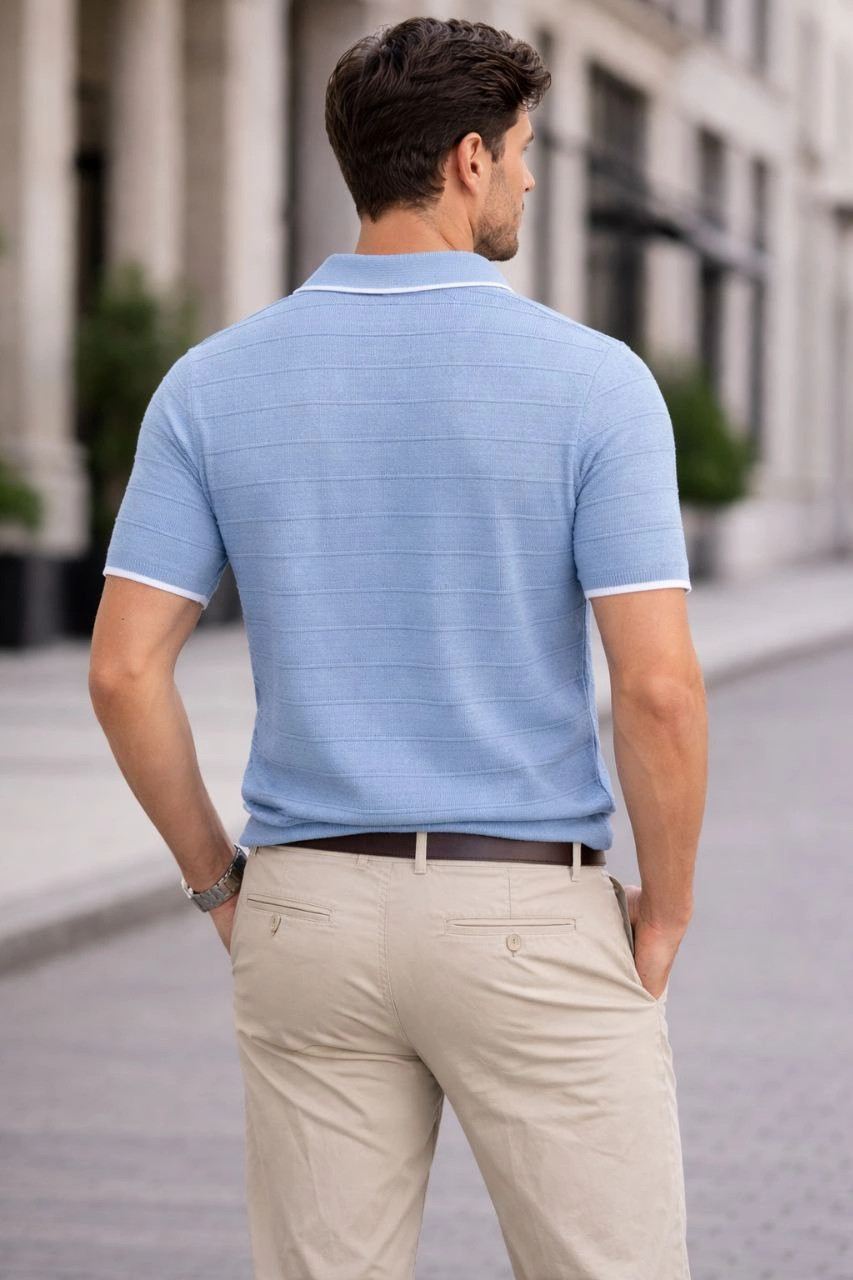 Erkek Triko Kumaş Düğmesiz Yakalı Fitilli Kısa Kollu Regular Fit Tişört T-shirt - Bebek Mavisi
