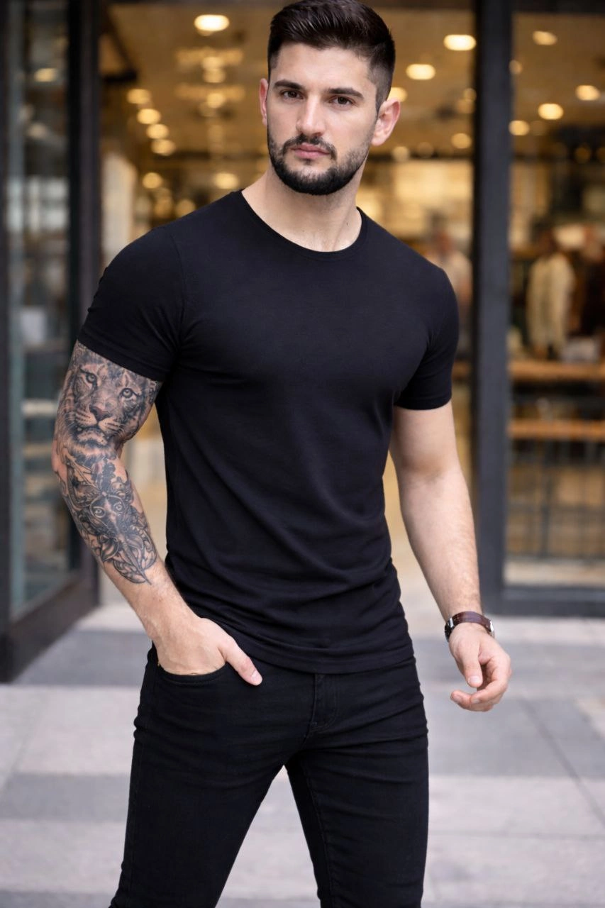 Erkek 2'li Bisiklet Yaka Tişört - Kısa Kollu Yazlık Slim Fit Body - Siyah & Açık Mavi
