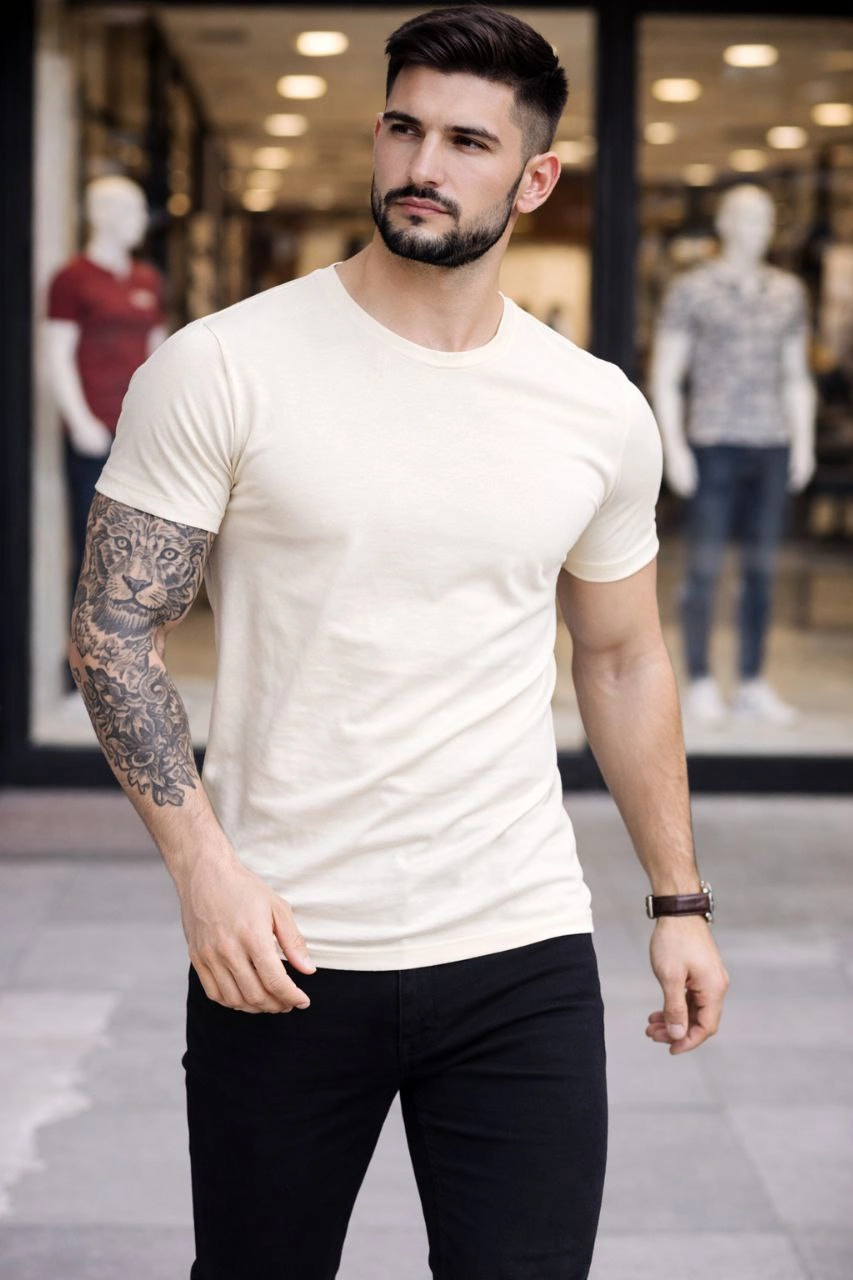 Erkek 2'li Bisiklet Yaka Tişört - Kısa Kollu Yazlık Slim Fit Body - Siyah & Ekru