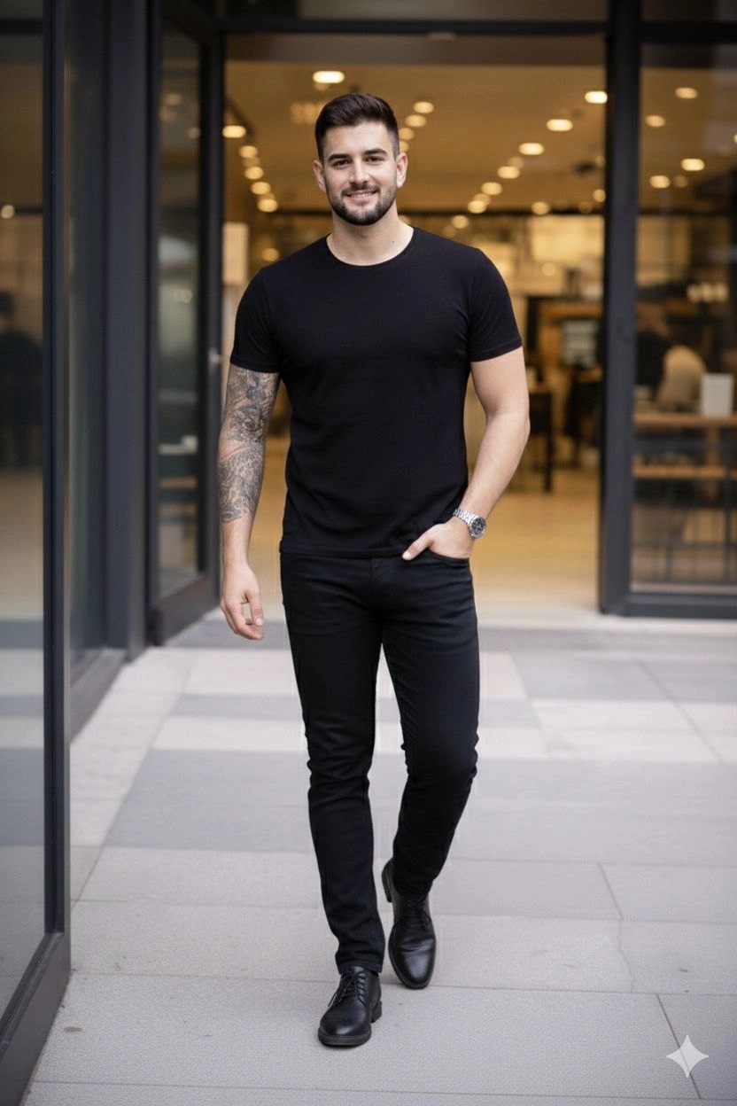 Erkek 2'li Bisiklet Yaka Tişört - Kısa Kollu Yazlık Slim Fit Body - Siyah & Açık Mavi