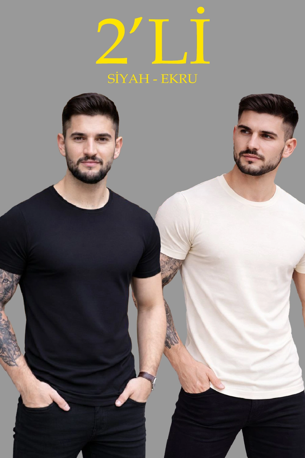 Erkek 2'li Bisiklet Yaka Tişört - Kısa Kollu Yazlık Slim Fit Body - Siyah & Ekru