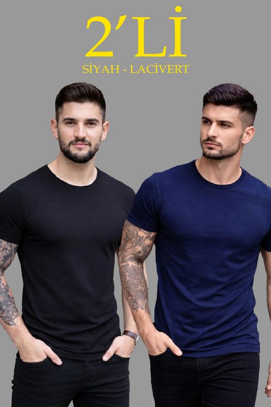 Erkek 2'li Bisiklet Yaka Tişört - Kısa Kollu Yazlık Slim Fit Body - Siyah & Lacivert