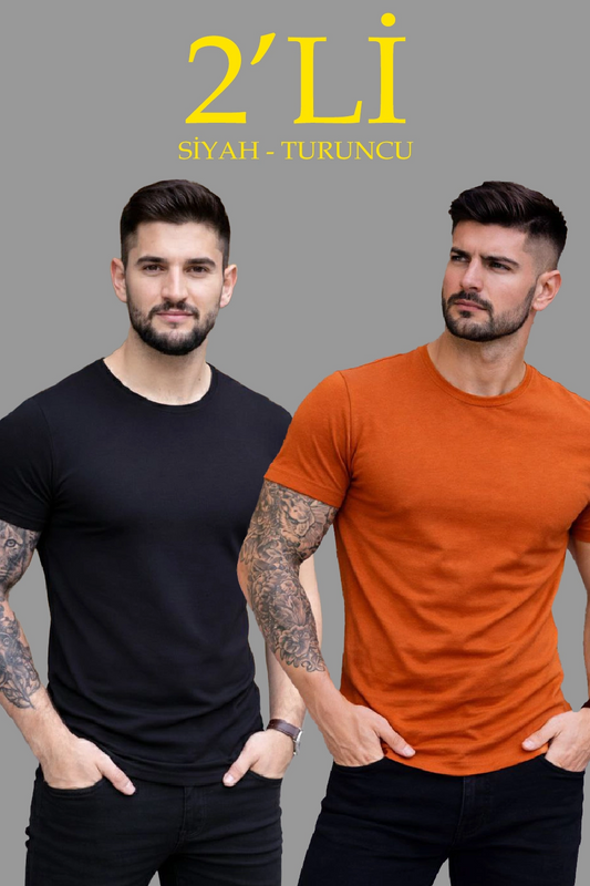 Erkek 2'li Bisiklet Yaka Tişört - Kısa Kollu Yazlık Slim Fit Body - Siyah & Turuncu
