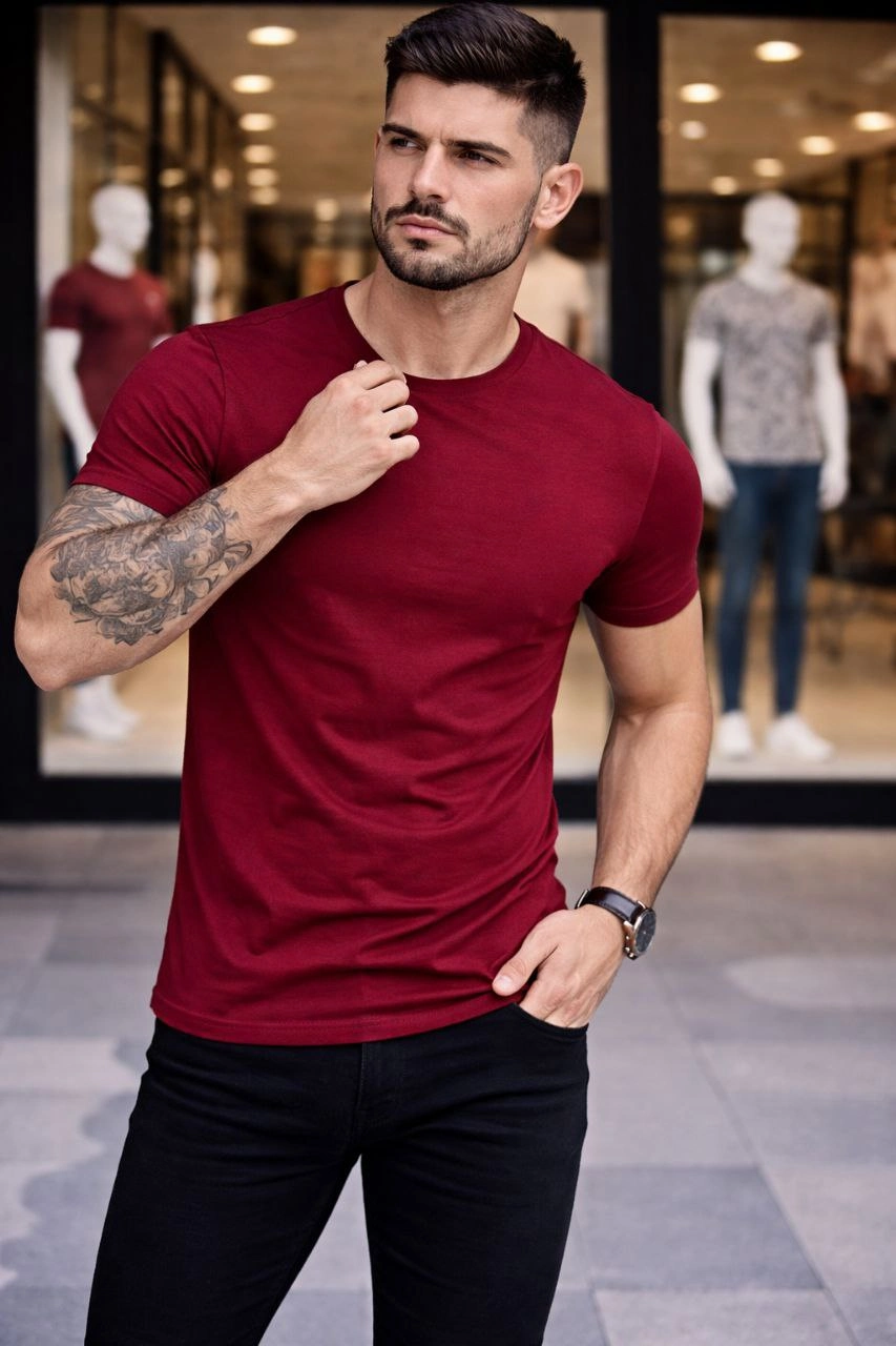 Erkek 2'li Bisiklet Yaka Tişört - Kısa Kollu Yazlık Slim Fit Body - Siyah & Bordo