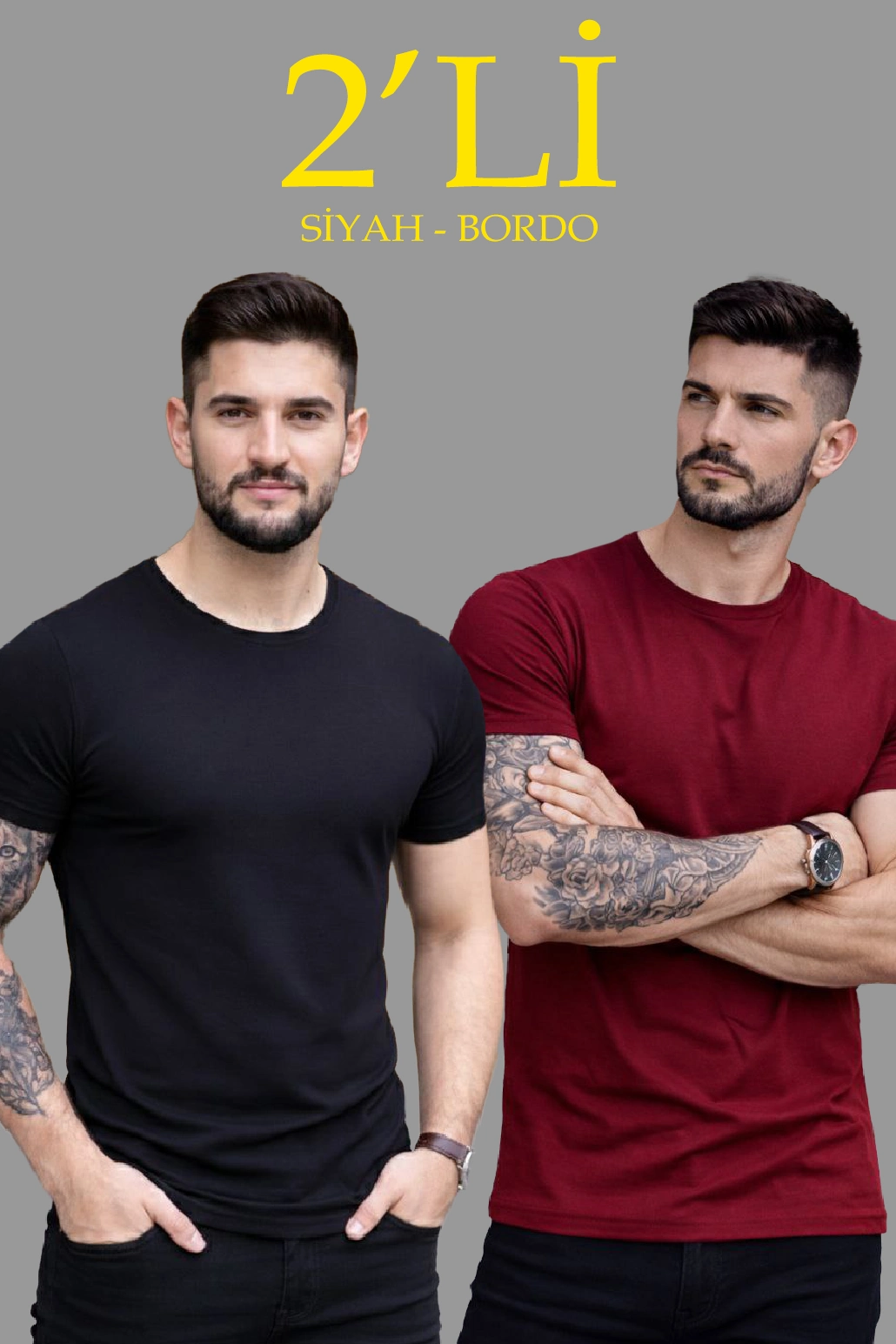 Erkek 2'li Bisiklet Yaka Tişört - Kısa Kollu Yazlık Slim Fit Body - Siyah & Bordo