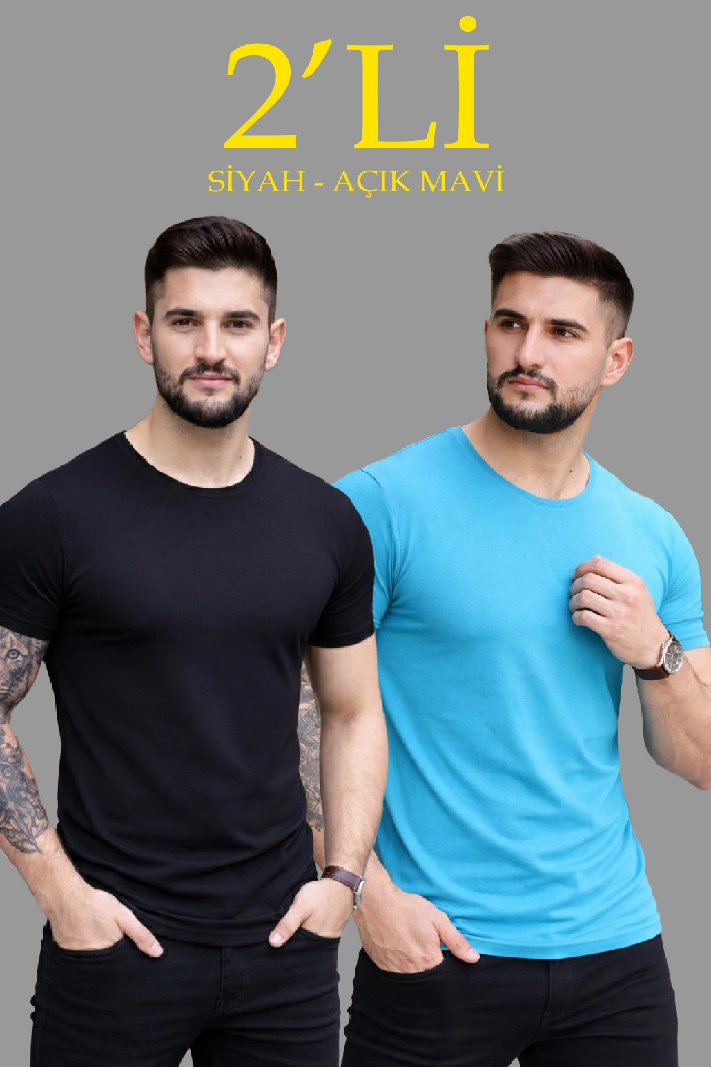 Erkek 2'li Bisiklet Yaka Tişört - Kısa Kollu Yazlık Slim Fit Body - Siyah & Açık Mavi