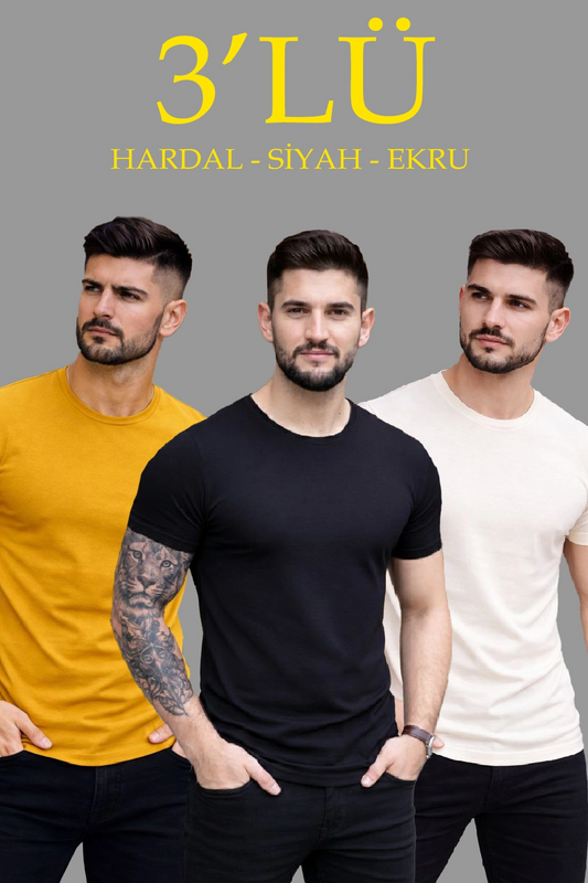 Erkek 3'lü Bisiklet Yaka Tişört - Kısa Kollu Yazlık Slim Fit Body - Siyah, Ekru, Hardal