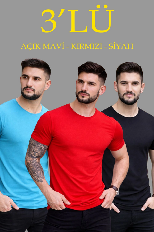 Erkek 3'lü Bisiklet Yaka Tişört - Kısa Kollu Yazlık Slim Fit Body - Siyah, Kırmızı, Açık Mavi