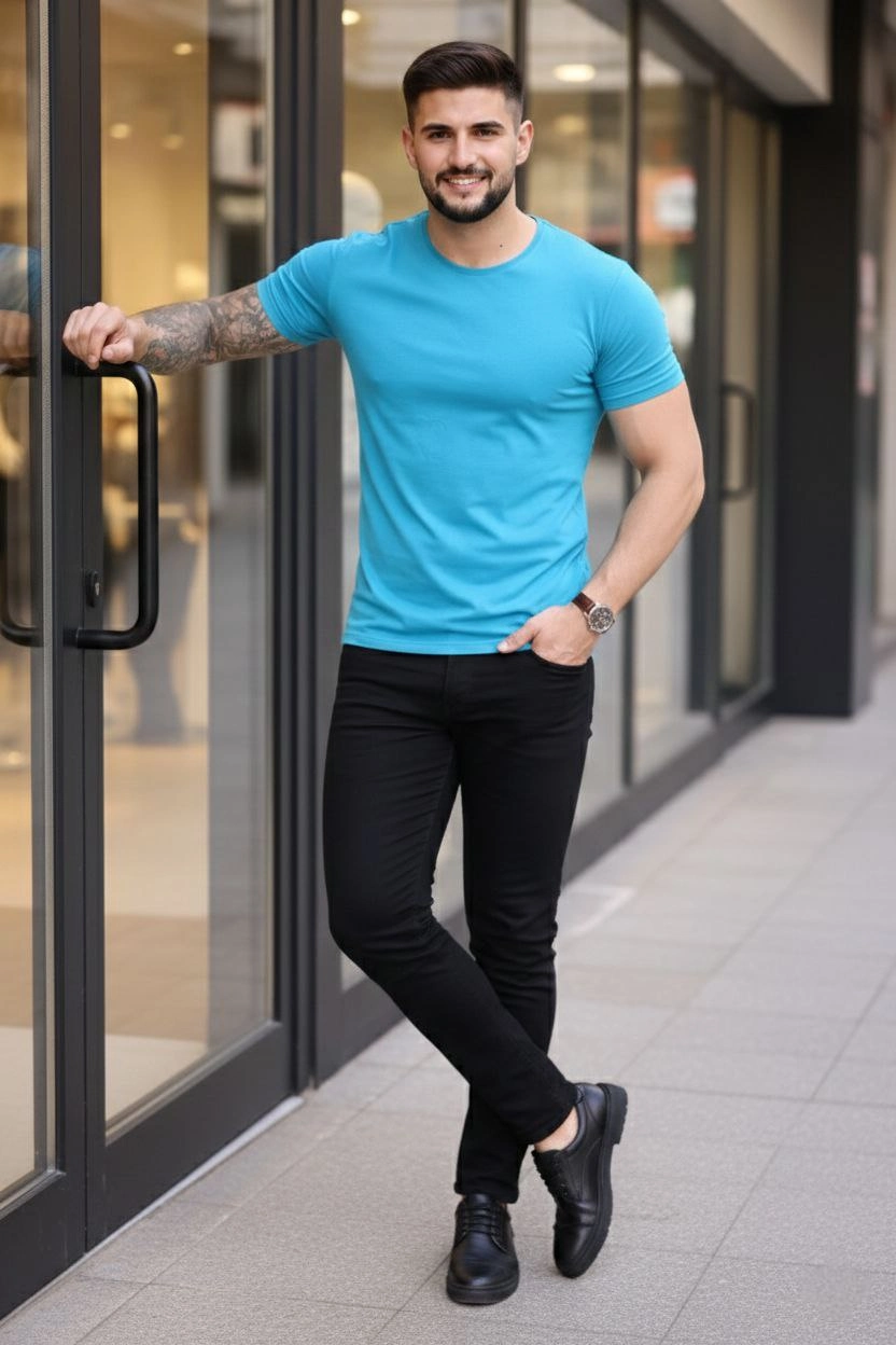 Erkek 3'lü Bisiklet Yaka Tişört - Kısa Kollu Yazlık Slim Fit Body - Siyah, Kırmızı, Açık Mavi