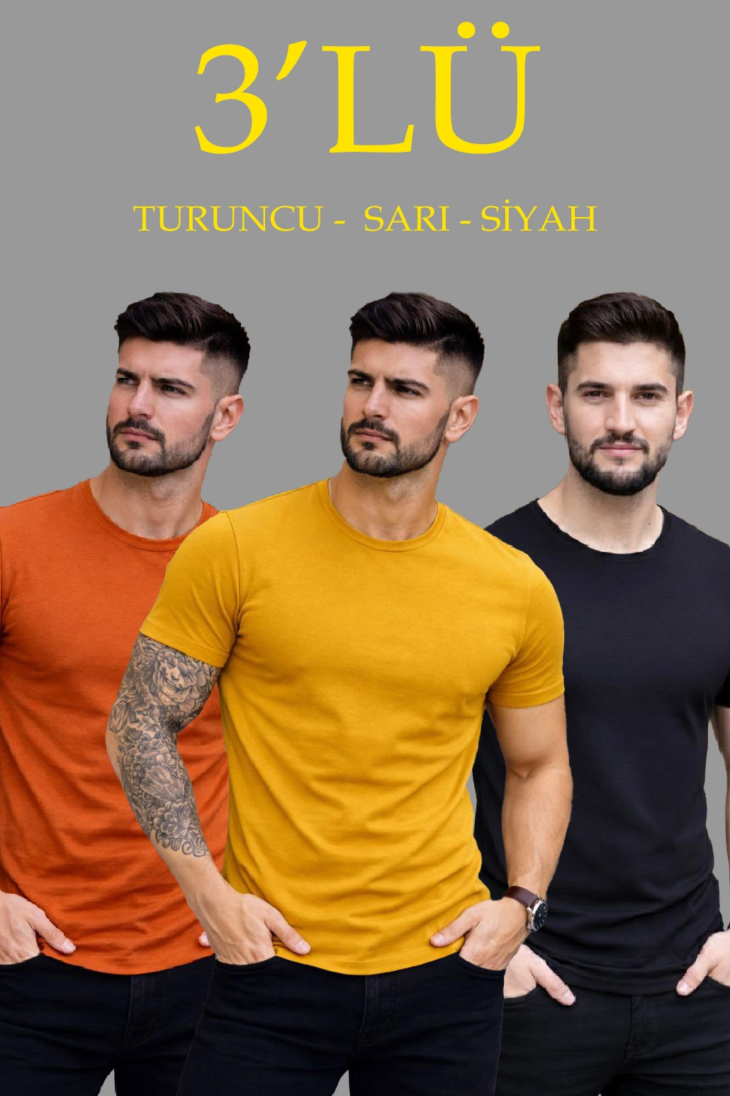 Erkek 3'lü Bisiklet Yaka Tişört - Kısa Kollu Yazlık Slim Fit Body - Siyah, Turuncu, Sarı