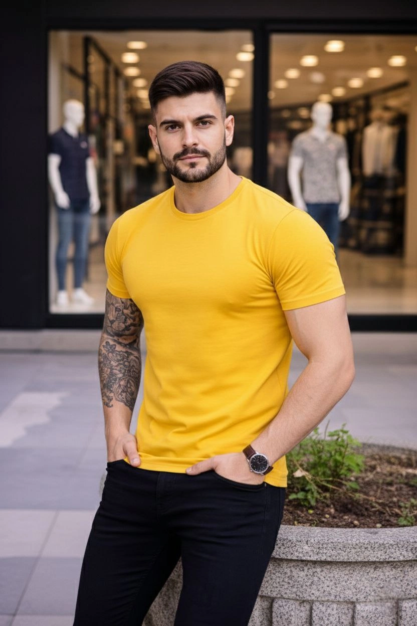 Erkek 3'lü Bisiklet Yaka Tişört - Kısa Kollu Yazlık Slim Fit Body - Siyah, Turuncu, Sarı