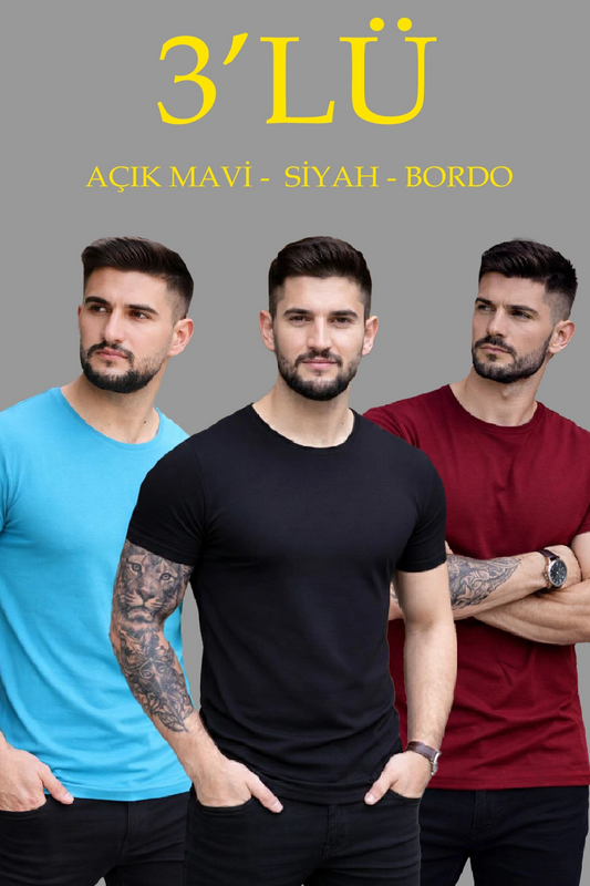 Erkek 3'lü Bisiklet Yaka Tişört - Kısa Kollu Yazlık Slim Fit Body - Siyah, Açık Mavi, Bordo