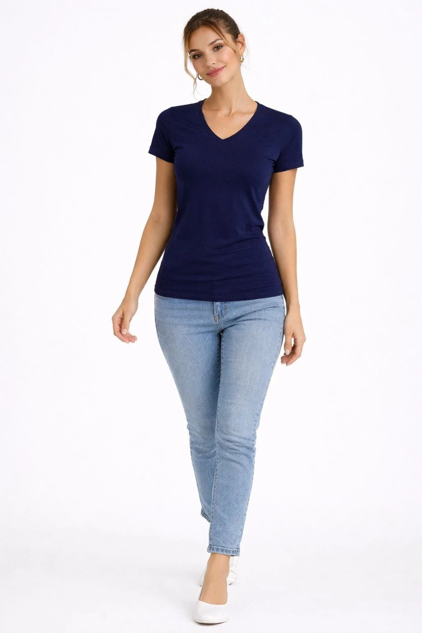 Kadın 2'li V Yaka Tişört - Kısa Kollu Yazlık Slim Fit Body - Lacivert & Ekru