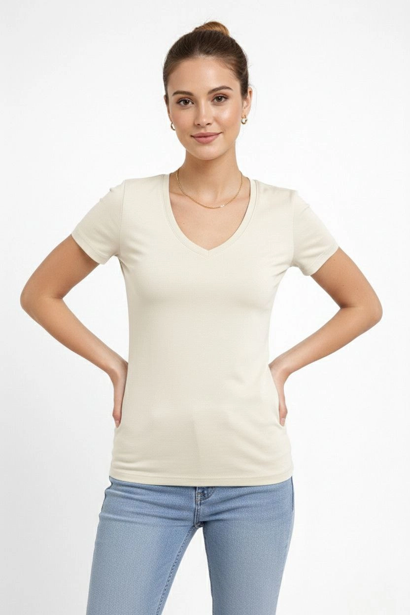 Kadın 2'li V Yaka Tişört - Kısa Kollu Yazlık Slim Fit Body - Saks Mavisi & Ekru