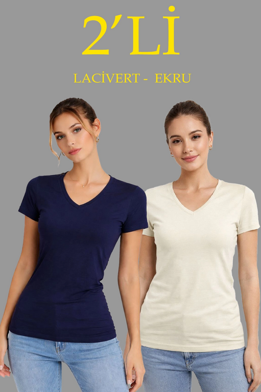 Kadın 2'li V Yaka Tişört - Kısa Kollu Yazlık Slim Fit Body - Lacivert & Ekru