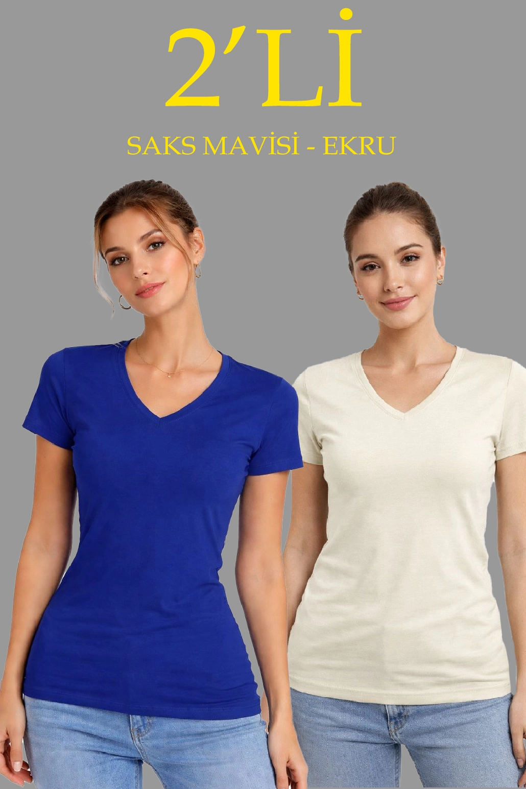 Kadın 2'li V Yaka Tişört - Kısa Kollu Yazlık Slim Fit Body - Saks Mavisi & Ekru