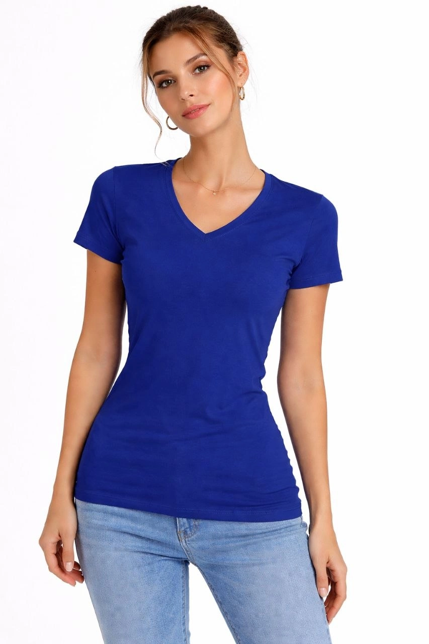 Kadın 2'li V Yaka Tişört - Kısa Kollu Yazlık Slim Fit Body - Saks Mavisi & Ekru