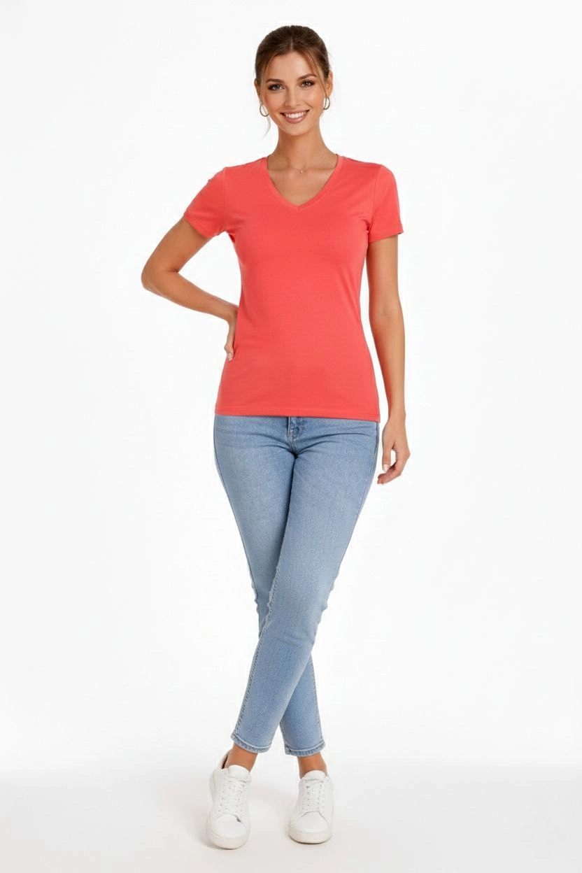 Kadın 2'li V Yaka Tişört - Kısa Kollu Yazlık Slim Fit Body - Nar Çiçeği & Açık Mavi