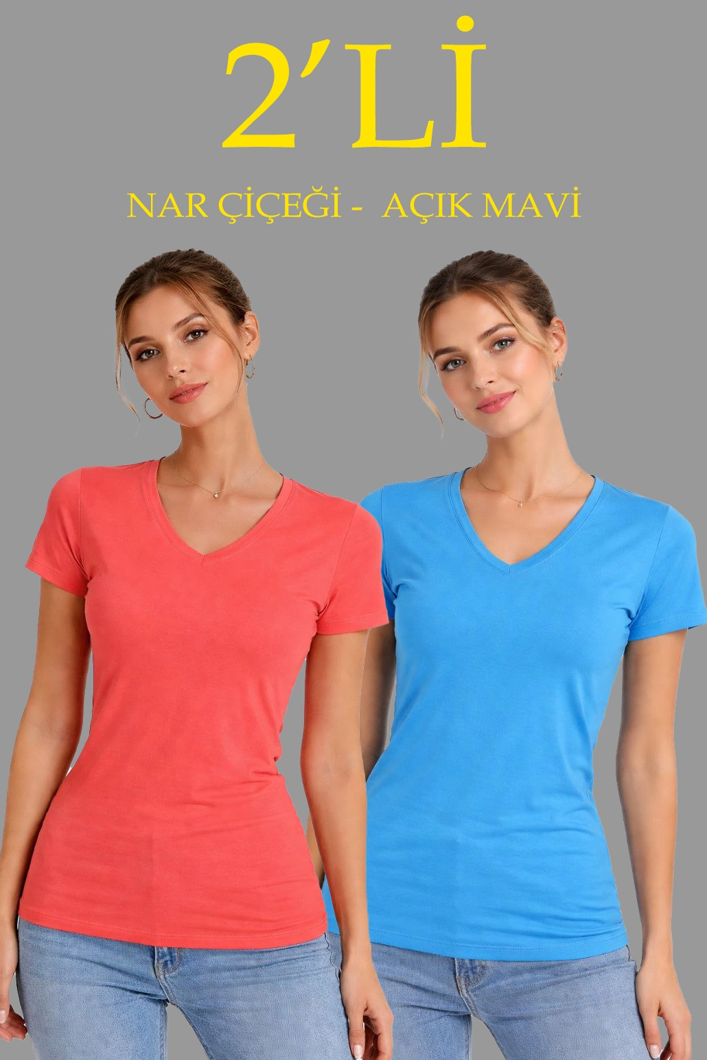 Kadın 2'li V Yaka Tişört - Kısa Kollu Yazlık Slim Fit Body - Nar Çiçeği & Açık Mavi