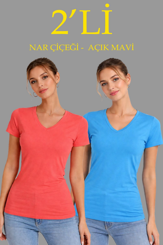 Kadın 2'li V Yaka Tişört - Kısa Kollu Yazlık Slim Fit Body - Nar Çiçeği & Açık Mavi