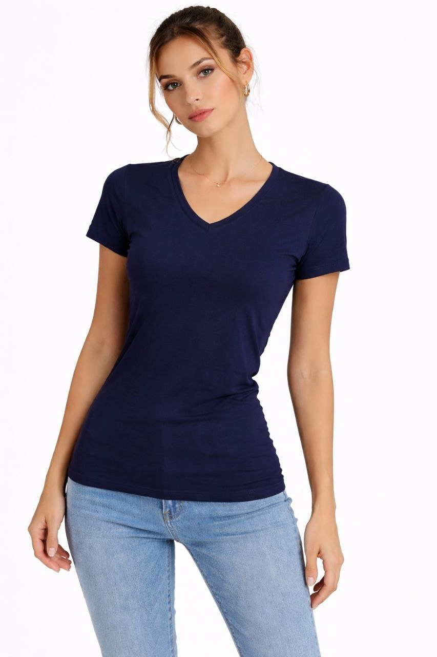 Kadın 3'lü V Yaka Tişört - Kısa Kollu Yazlık Slim Fit Body - Toz Pembe, Lacivert, Hardal