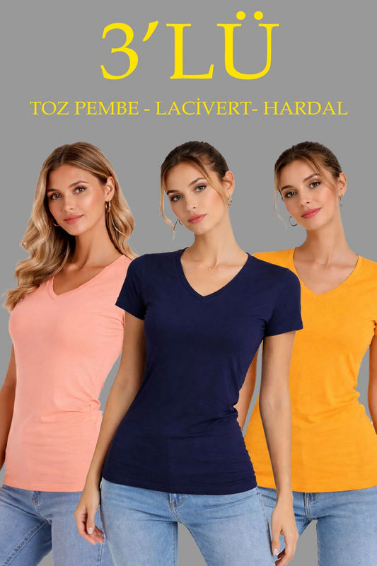 Kadın 3'lü V Yaka Tişört - Kısa Kollu Yazlık Slim Fit Body - Toz Pembe, Lacivert, Hardal