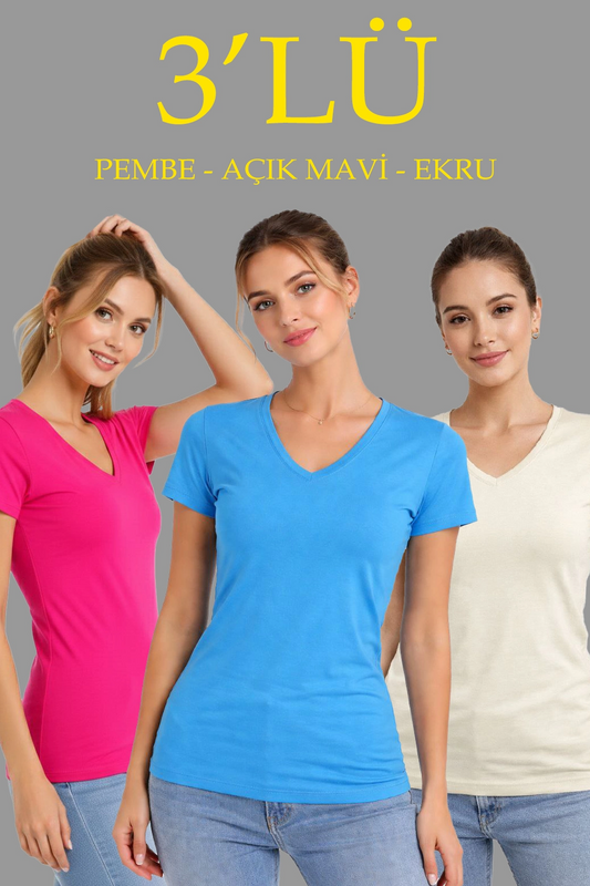 Kadın 3'lü V Yaka Tişört - Kısa Kollu Yazlık Slim Fit Body - Pembe, Açık Mavi, Ekru