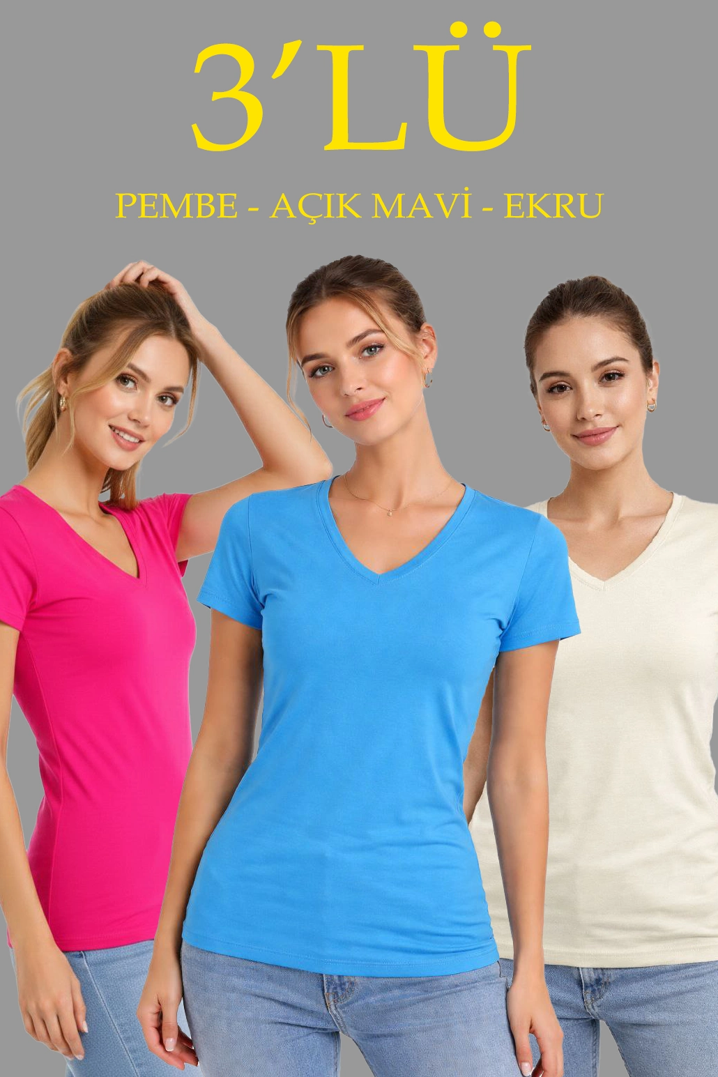 Kadın 3'lü V Yaka Tişört - Kısa Kollu Yazlık Slim Fit Body - Pembe, Açık Mavi, Ekru