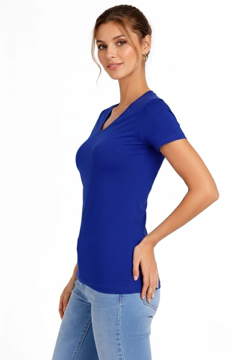 Kadın 3'lü V Yaka Tişört - Kısa Kollu Yazlık Slim Fit Body - Pembe, Saks Mavi, Ekru