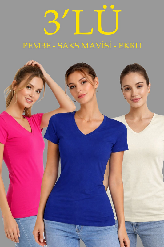 Kadın 3'lü V Yaka Tişört - Kısa Kollu Yazlık Slim Fit Body - Pembe, Saks Mavi, Ekru