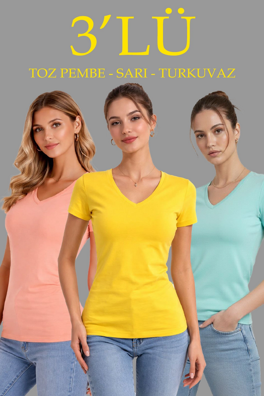 Kadın 3'lü V Yaka Tişört - Kısa Kollu Yazlık Slim Fit Body - Toz Pembe, Sarı, Turkuvaz