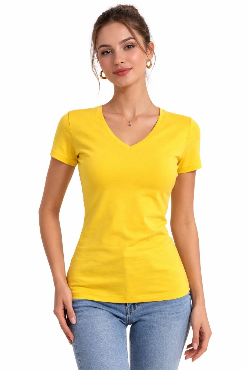 Kadın 3'lü V Yaka Tişört - Kısa Kollu Yazlık Slim Fit Body - Toz Pembe, Sarı, Turkuvaz