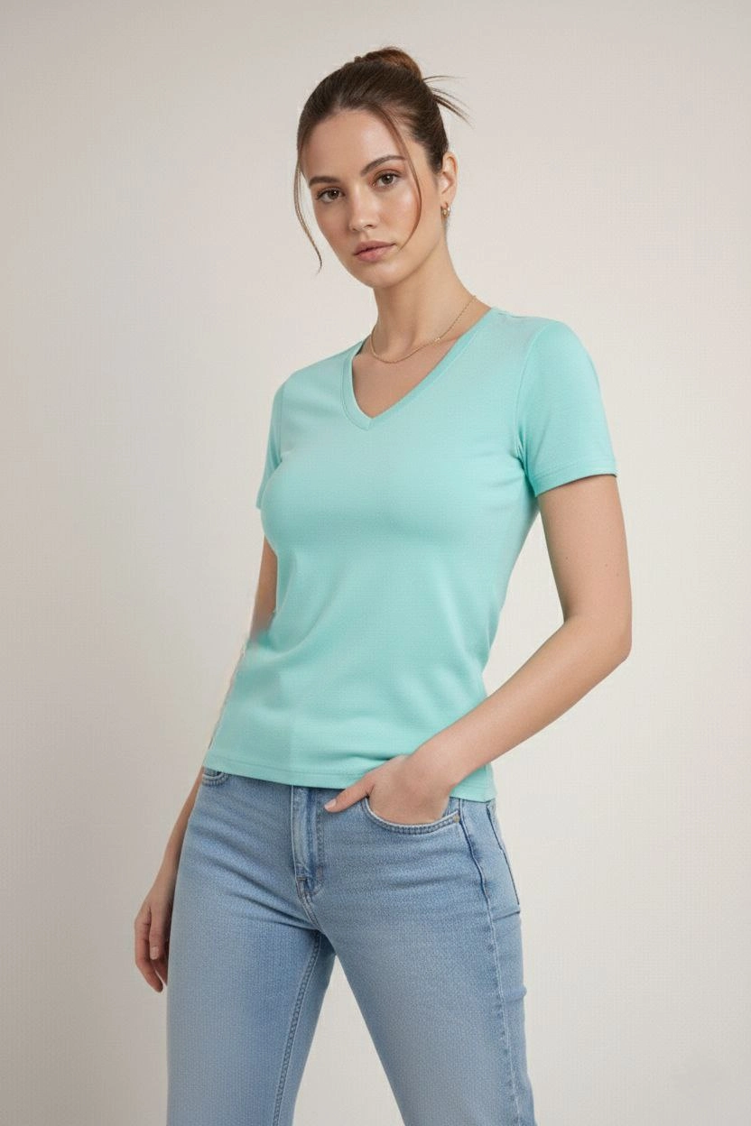 Kadın 3'lü V Yaka Tişört - Kısa Kollu Yazlık Slim Fit Body - Toz Pembe, Sarı, Turkuvaz