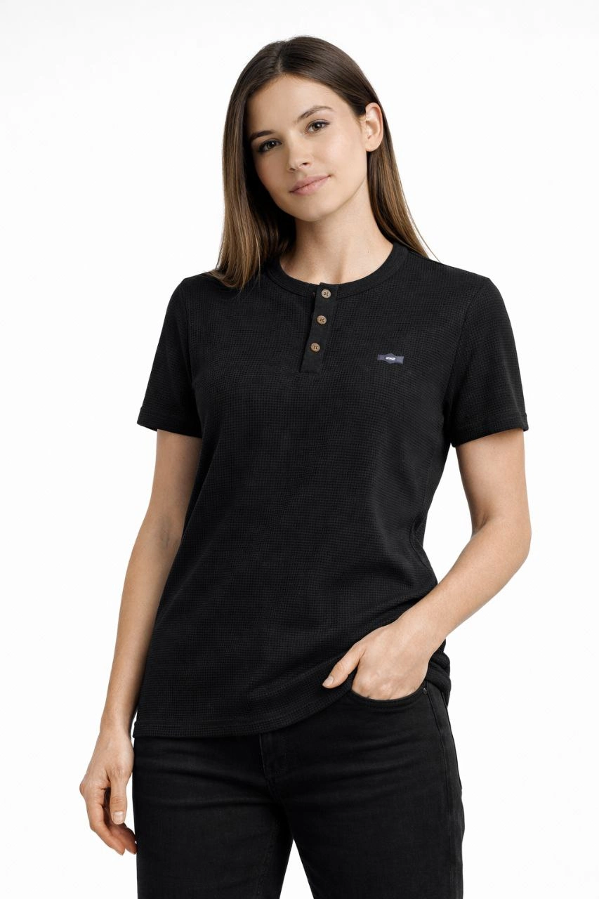 Kadın Waffle Dokulu Likralı Henley Yaka Düğmeli Regular Kısa Kollu T-Shirt - Siyah
