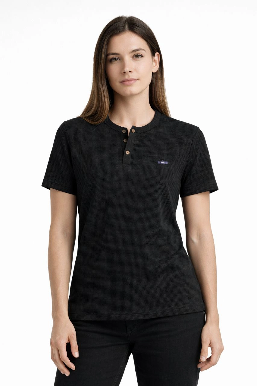 Kadın Waffle Dokulu Likralı Henley Yaka Düğmeli Regular Kısa Kollu T-Shirt - Siyah