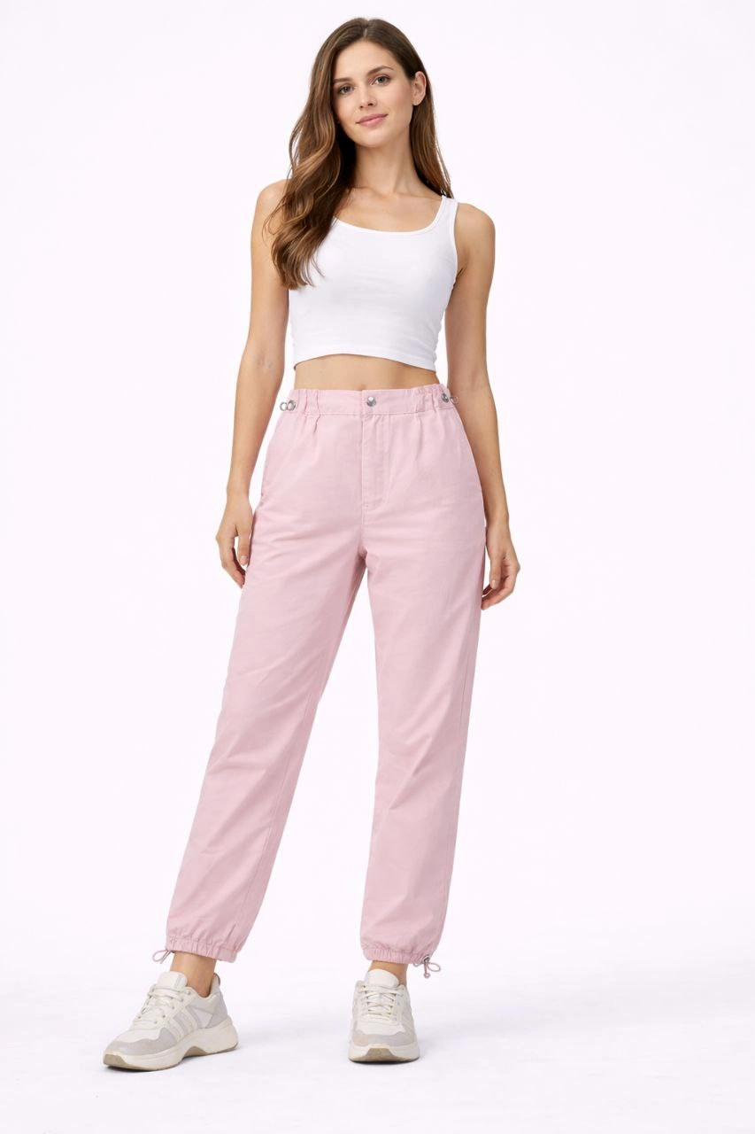 Kadın Paraşüt Kumaş Pantolon Bel ve Paça Ayarlanabilir Lastikli Spor Pantolon - Toz Pembe