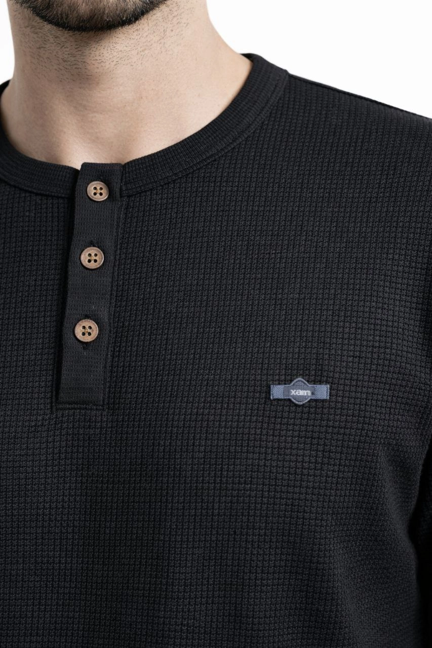 Erkek Waffle Dokulu Likralı Henley Yaka Düğmeli Regular Fit Kısa Kollu T-Shirt - Siyah