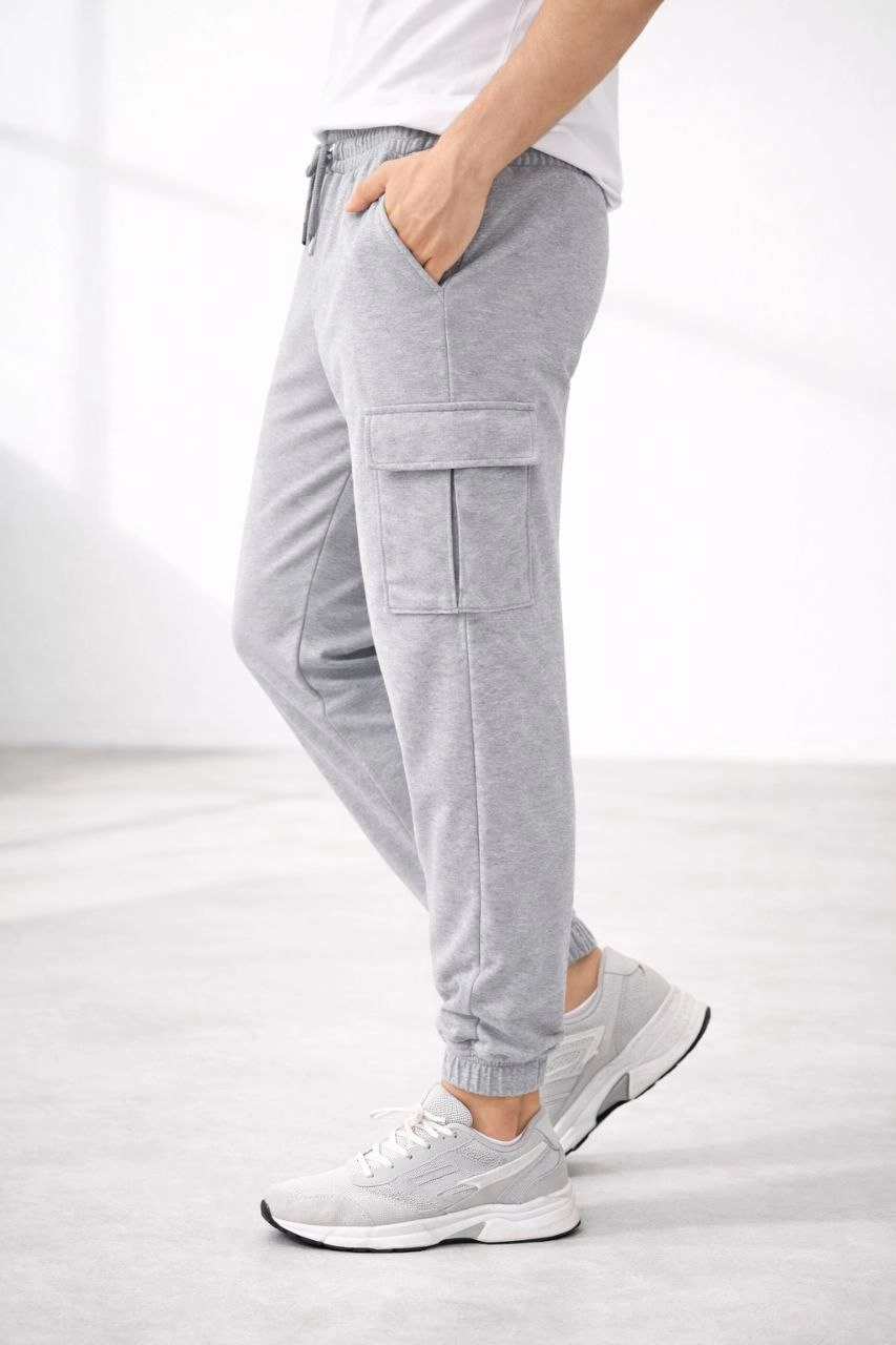 Erkek Jogger Eşofman Altı Regular Fit , Kargo Cepli, Lastikli Paça, Günlük Spor Pantolon - Gri