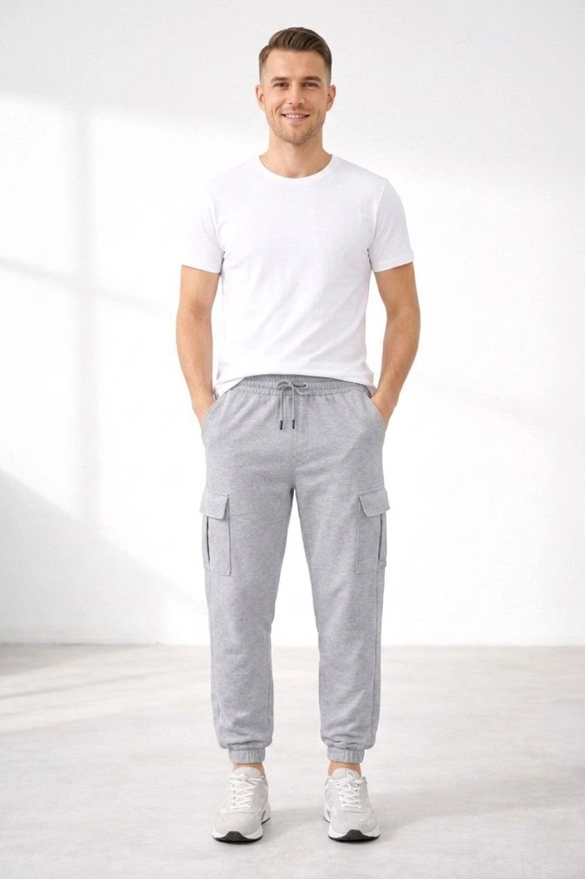 Erkek Jogger Eşofman Altı Regular Fit , Kargo Cepli, Lastikli Paça, Günlük Spor Pantolon - Gri