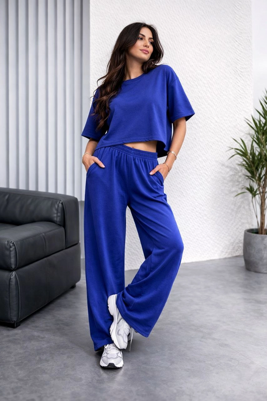 Kadın Osy Modal yumuşak dokulu Oversize İkili Takım Bol Paça Pantolonlu Takım - Saks Mavisi