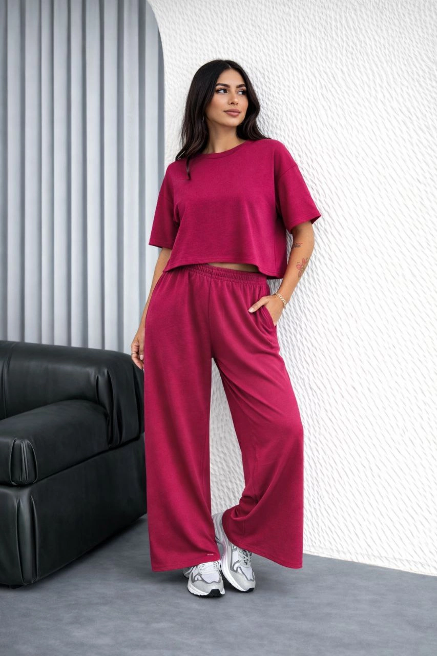 Kadın Osy Modal yumuşak dokulu Oversize İkili Takım Bol Paça Pantolonlu Takım - Fuşya