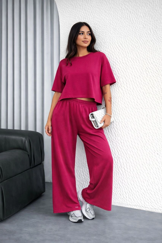 Kadın Osy Modal yumuşak dokulu Oversize İkili Takım Bol Paça Pantolonlu Takım - Fuşya