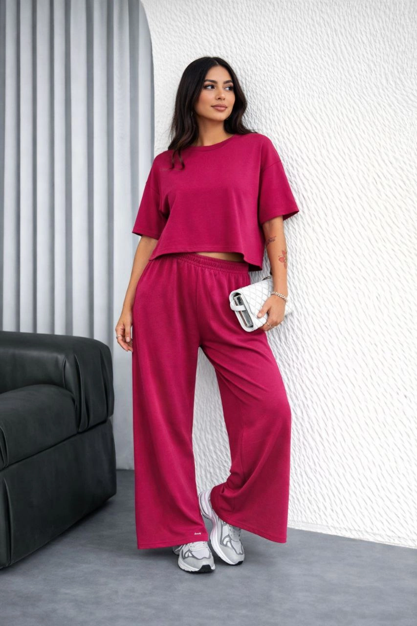 Kadın Osy Modal yumuşak dokulu Oversize İkili Takım Bol Paça Pantolonlu Takım - Fuşya